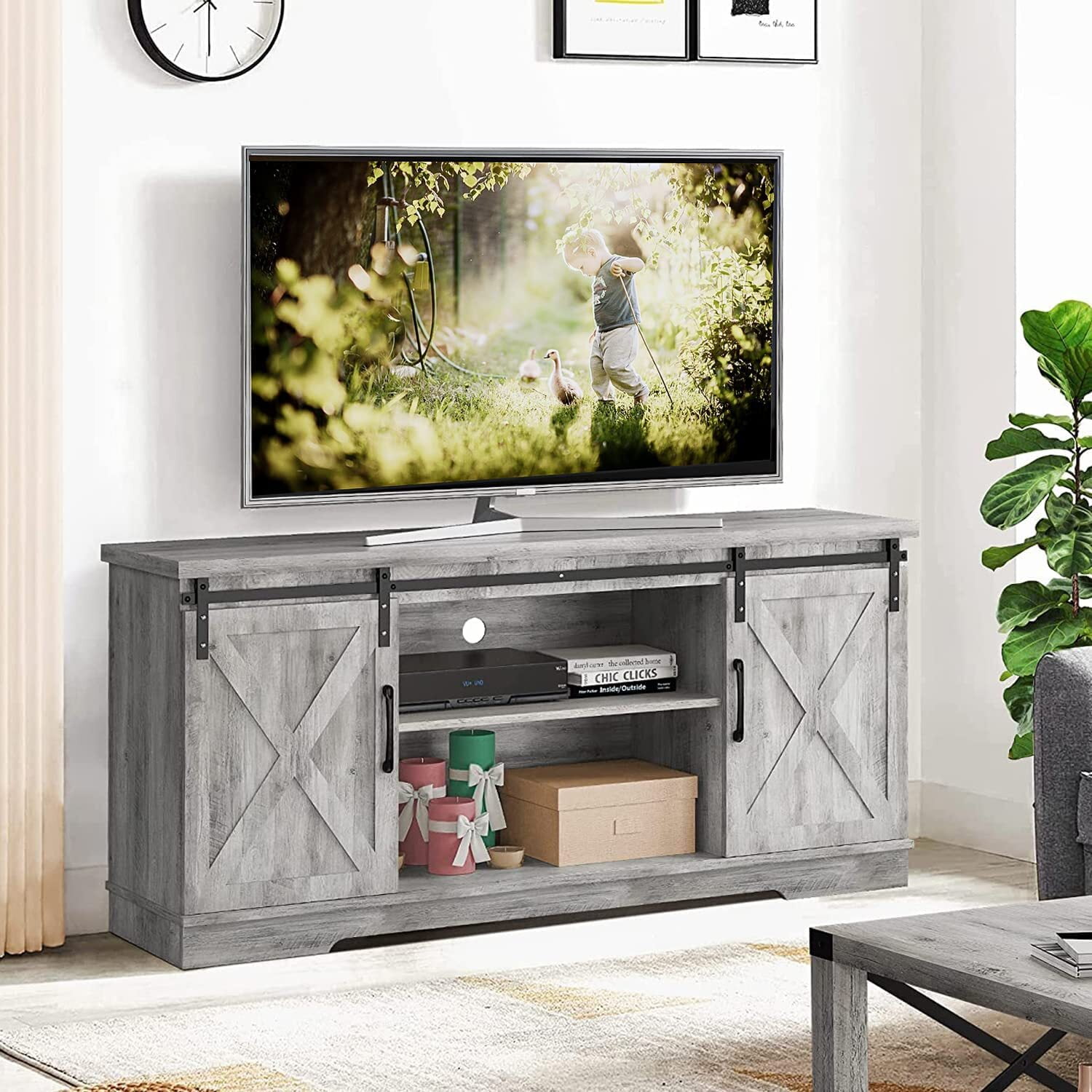 living gray tv stand and coffee table set