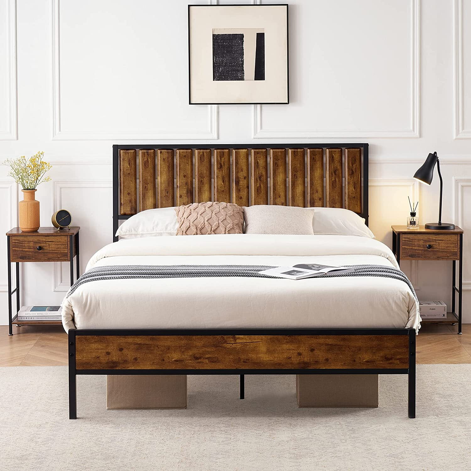 JOMILLY Full Size Bed Frames with Wood Headboard and Footboard, No Box Spring Needed, Brown
