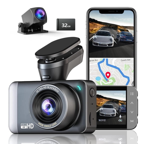JOMISE Dash Cam Front and Rear 4K+1080P, 3" LCD, Starvis Sensor, Built-in GPS, WDR, Night Vision, Dash Camera for Cars with WiFi, Parking Mode, 32GB Card, Reliable Dashcam for Safety Recording