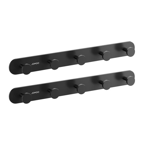 JOMOO Heavy Duty Aluminum Alloy Adhesive Wall Hooks 2 pack, Drill-Free Waterproof Bathroom Kitchen Towel Holder, Strong Hold Damage-Free, Matte Black