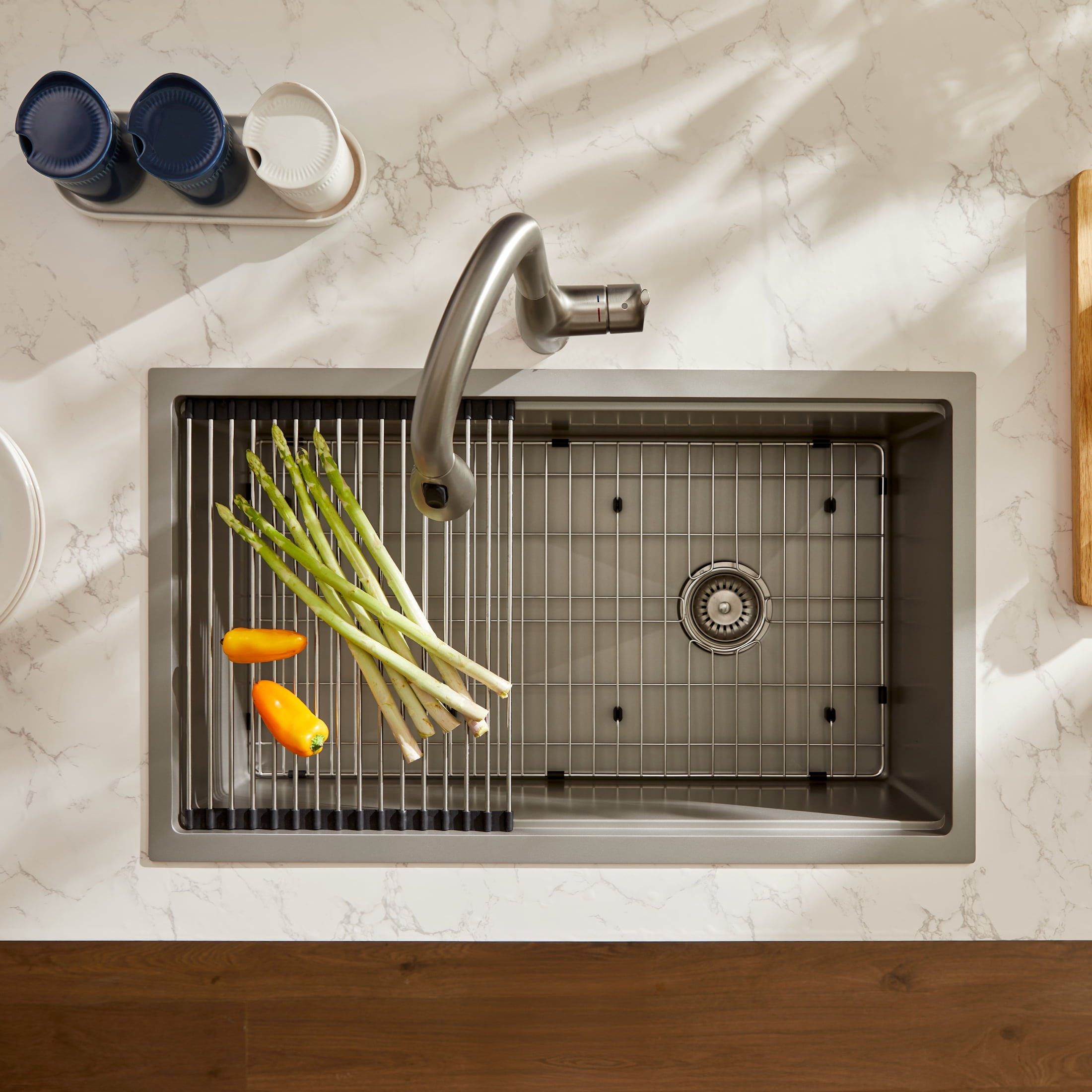 JOMOO 30" Undermount & Drop-In Kitchen Sink, Stainless Steel Single Bowl Kitchen Sink with Grid, Dish Drying Rack, Drain Assembly