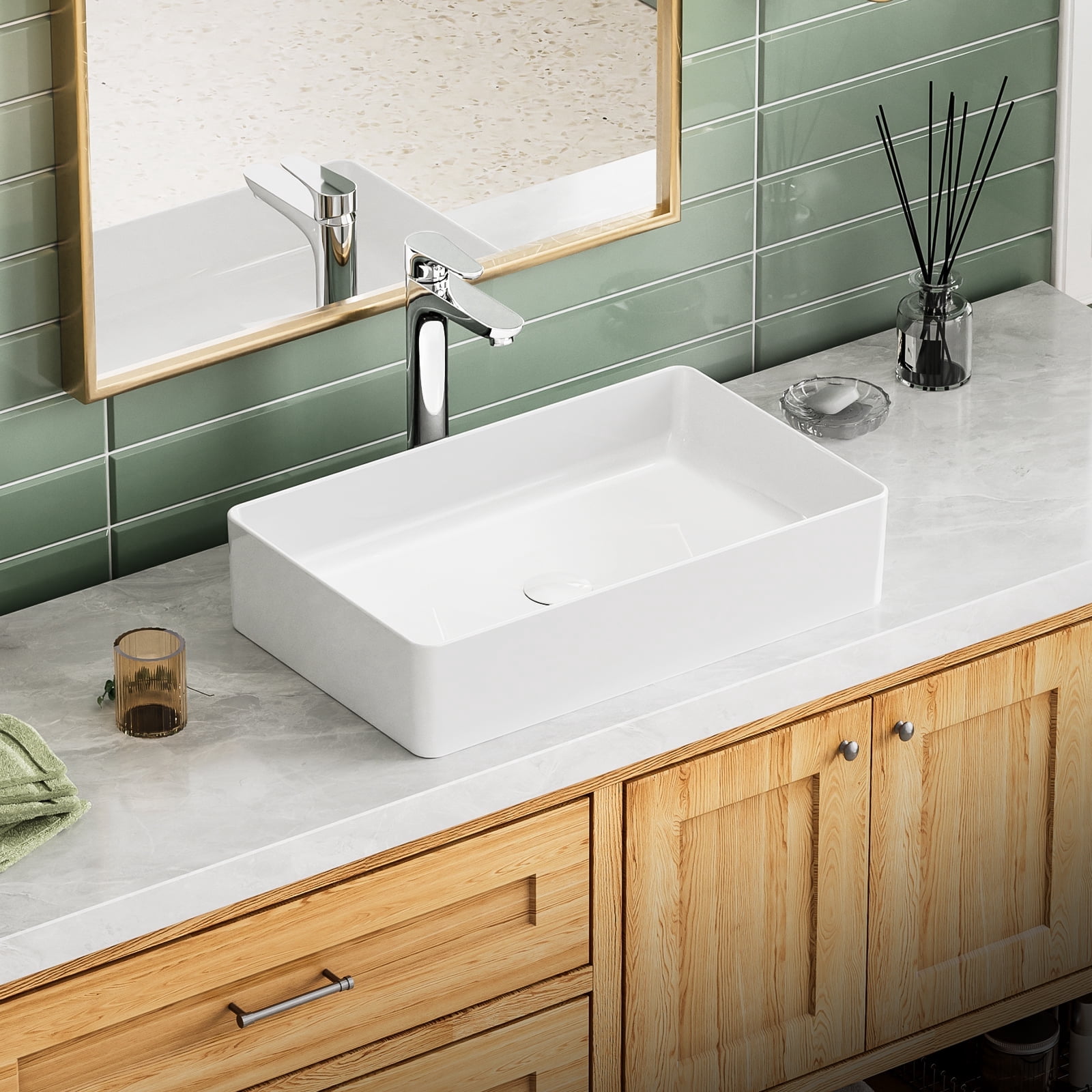 JOMOO 22.44" x 14" White Ceramic Rectangle Bathroom Sink, Bathroom Vessel Sink Above Counter Art Basin Vanity Sink