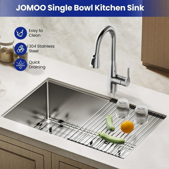 JOMOO 30" Undermount & Drop-In Kitchen Sink with Nano Coating, Single Bowl Kitchen Sink with Grid, Dish Drying Rack, Drain Assembly