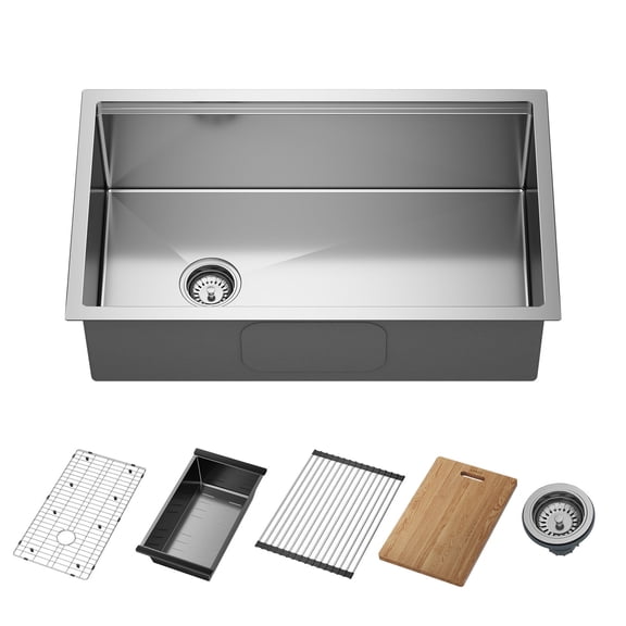 JOMOO 32" Single Bowl Kitchen Sink, 304 Stainless Steel Workstation with Nano Coating, 1-Pack | Cutting Board, Colander, Grid & Drain Kit