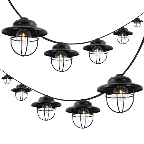 JONATHAN Y 10-Light Indoor/Outdoor 10 ft. Rustic Farmhouse Incandescent G40 Metal Cage Shade String Lights, Black (Set of 2)