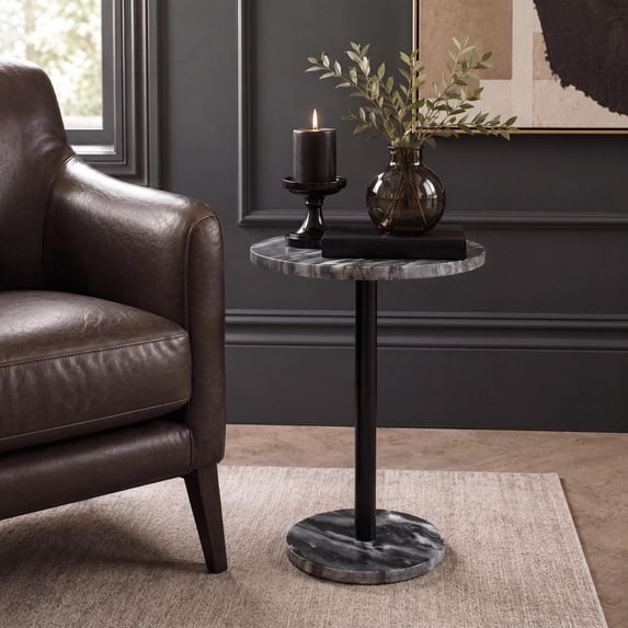 JONATHAN Y 10" x 22.25" Black Marble and Iron Drink Table, Contemporary Minimalist Round Pedestal Accent Side Table MTB1110B