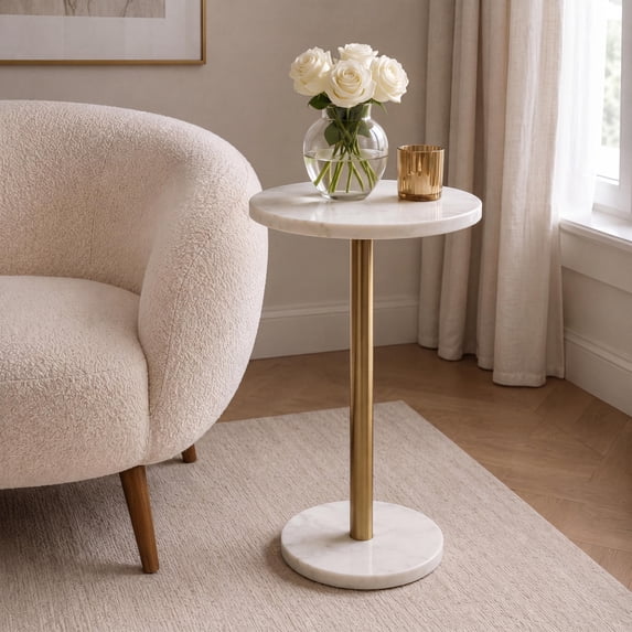 JONATHAN Y 10" x 22.25" White Marble and Gold Drink Table, Contemporary Minimalist Round Pedestal Accent Side Table MTB1110C