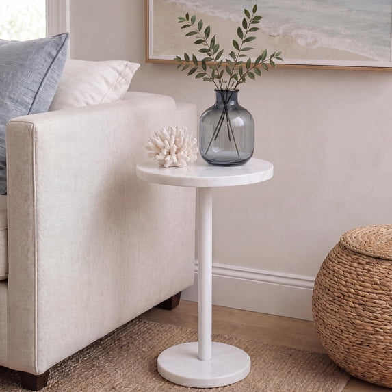 JONATHAN Y 10" x 22.25" White Marble and Iron Drink Table, Contemporary Minimalist Round Pedestal Accent Side Table MTB1110A
