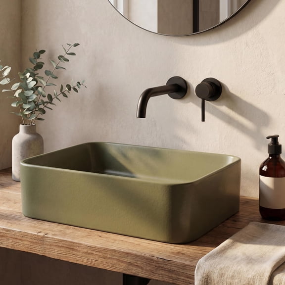 JONATHAN Y 16" x 12" Matte Green Ceramic Rectangle Sink Basin, Modern Contemporary Bathroom Vessel Sink with Smart Clean Glazing, CUPC Certified SNK1010F