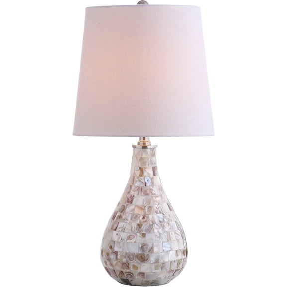 JONATHAN Y 20.5" Seashell Coastal Mini LED Table Lamp for Living Room Office, White Linen Drum Shade, Modern Mother of Pearl Bedside Nightstand Lamp, Bulb Included JYL1024A