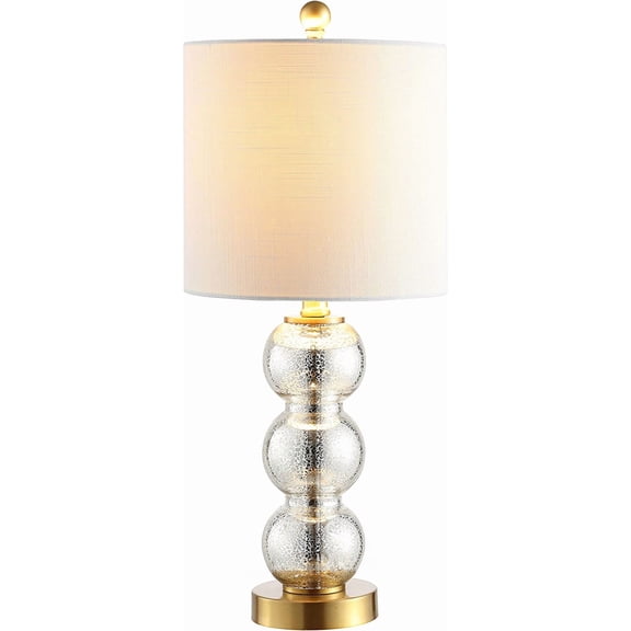 JONATHAN Y 21" Clear/Brass Gold Glass Table Lamp for Bedroom and Living Room, White Linen Shade, Modern Stacked Sphere Bedside Lamp, LED Bulb Included (JYL1021B)