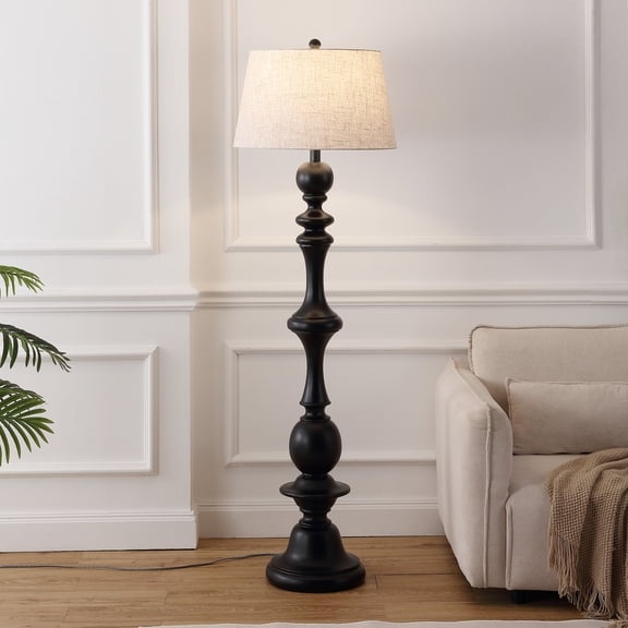 JONATHAN Y 67" Black Resin Candlestick Floor Lamp Farmhouse Rustic Traditional Standing Lamp for Living Room with Beige Linen Empire Shade LED Bulb Included JYL3000B