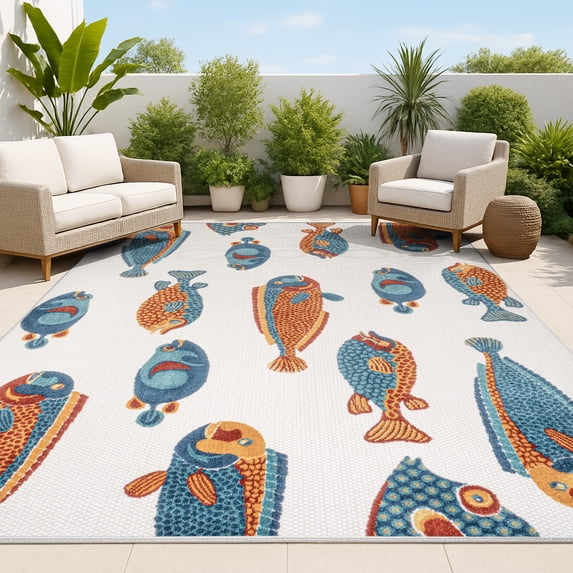 JONATHAN Y AMALFI COAST 8 x 10 Area Rug, Algarve Fish - Navy/Orange/Cream, AMC114A-8