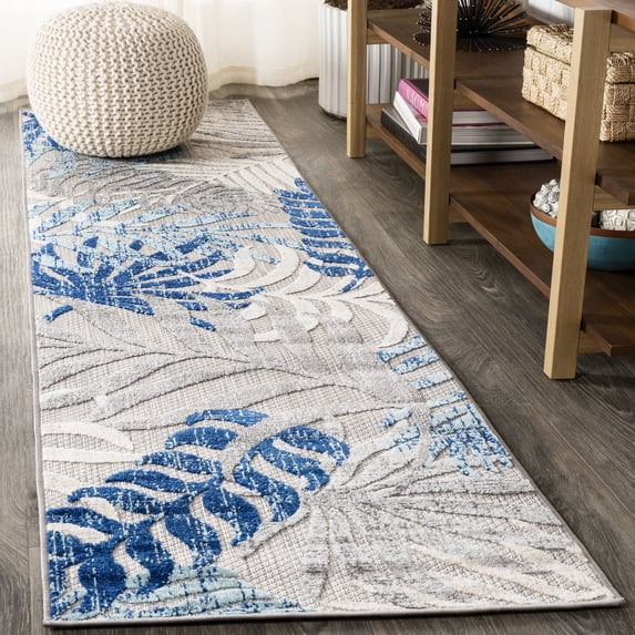 JONATHAN Y AMALFI COAST 2 x 8 Runner Rug, Tropics Palm Leaves - Gray/Blue, AMC100A-28