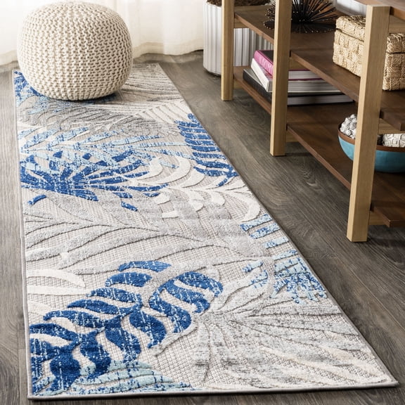 JONATHAN Y AMALFI COAST 2 x 8 Runner Rug, Tropics Palm Leaves - Gray/Blue, AMC100A-28