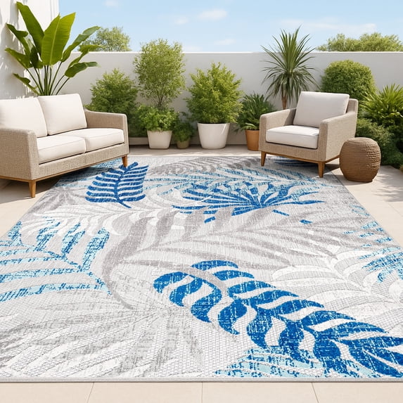 JONATHAN Y AMALFI COAST 3 x 5 Area Rug, Tropics Palm Leaves - Gray/Blue, AMC100A-3