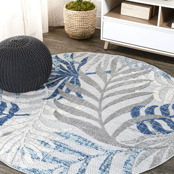 JONATHAN Y AMALFI COAST 5' Round Area Rug, Tropics Palm Leaves - Gray/Blue, AMC100A-5R
