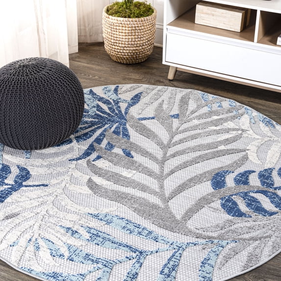 JONATHAN Y AMALFI COAST 6' Round Area Rug, Tropics Palm Leaves - Gray/Blue, AMC100A-6R