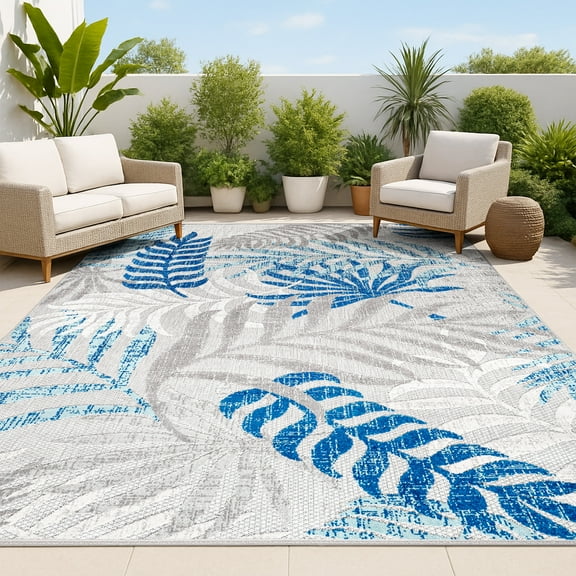 JONATHAN Y AMALFI COAST 8 x 10 Area Rug, Tropics Palm Leaves - Gray/Blue, AMC100A-8