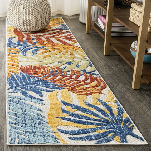 JONATHAN Y AMALFI COAST 2 x 8 Runner Rug, Tropics Palm Leaves - Cream/Orange, AMC100B-28