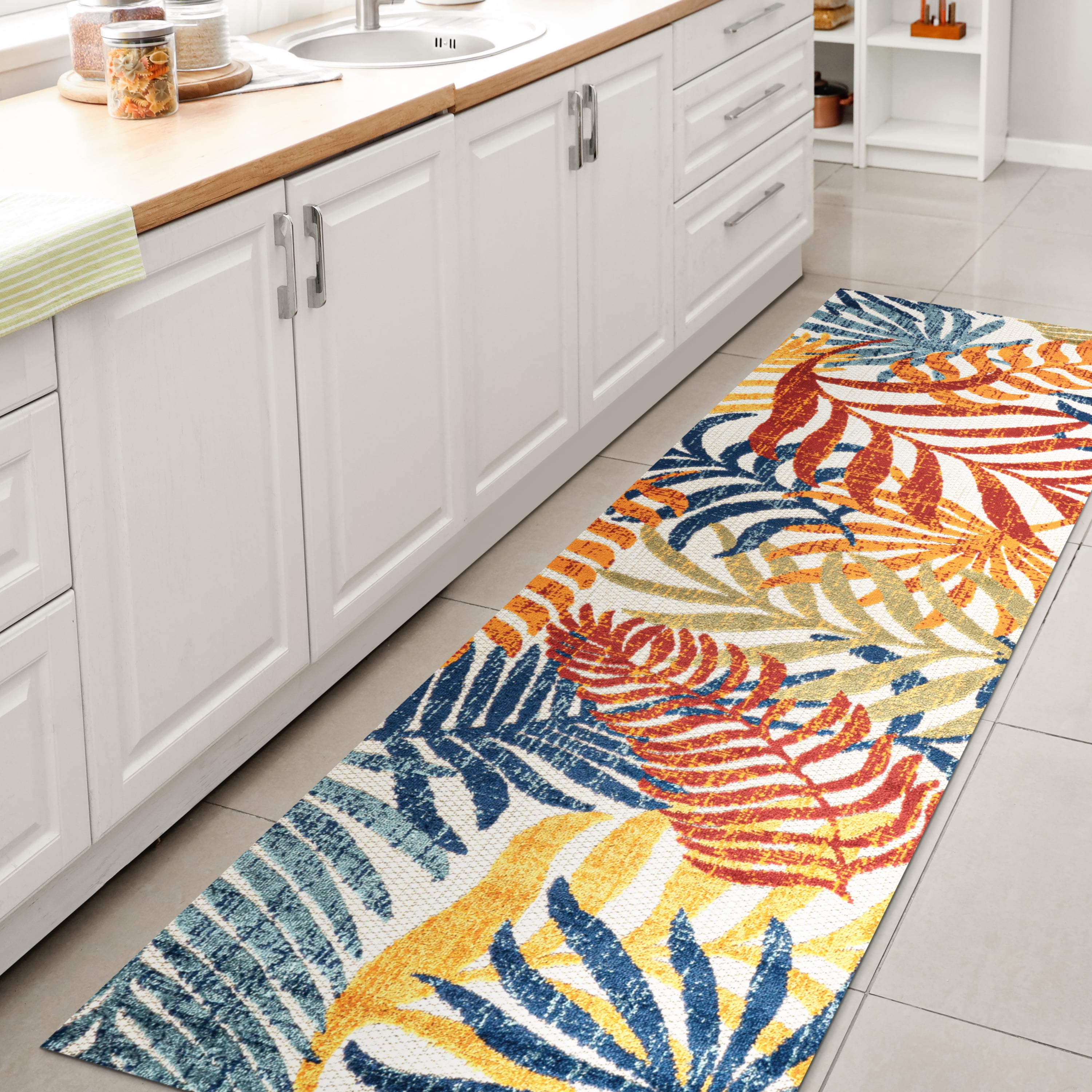 Cream and Orange Synthetic Flat Woven Runner Rug, 2 x 8 ft