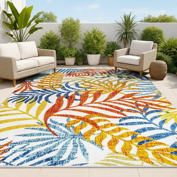 JONATHAN Y AMALFI COAST 3 x 5 Area Rug, Tropics Palm Leaves - Cream/Orange, AMC100B-3