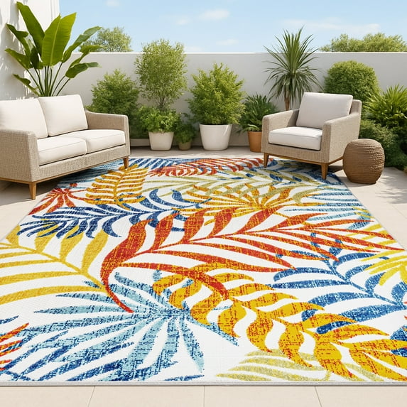 JONATHAN Y AMALFI COAST 5 x 8 Area Rug, Tropics Palm Leaves - Cream/Orange, AMC100B-5