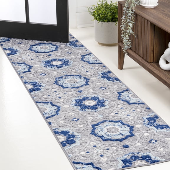 JONATHAN Y AMALFI COAST 2 x 8 Runner Rug, Mediterranean Medallion - Blue/Gray, AMC101A-28