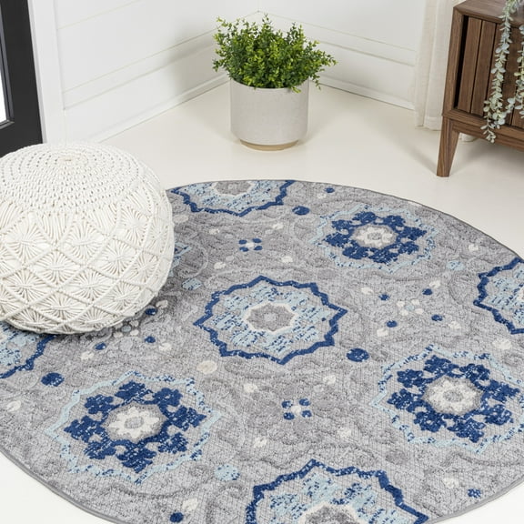 JONATHAN Y AMALFI COAST 5' Round Area Rug, Mediterranean Medallion - Blue/Gray, AMC101A-5R
