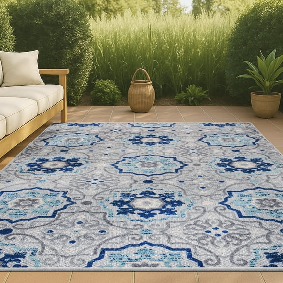 JONATHAN Y AMALFI COAST 9 x 12 Area Rug, Mediterranean Medallion - Blue/Gray, AMC101A-9