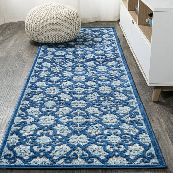 JONATHAN Y AMALFI COAST 2 x 10 Runner Rug, Gallia Tile Trellis - Light Gray/Blue, AMC107B-210