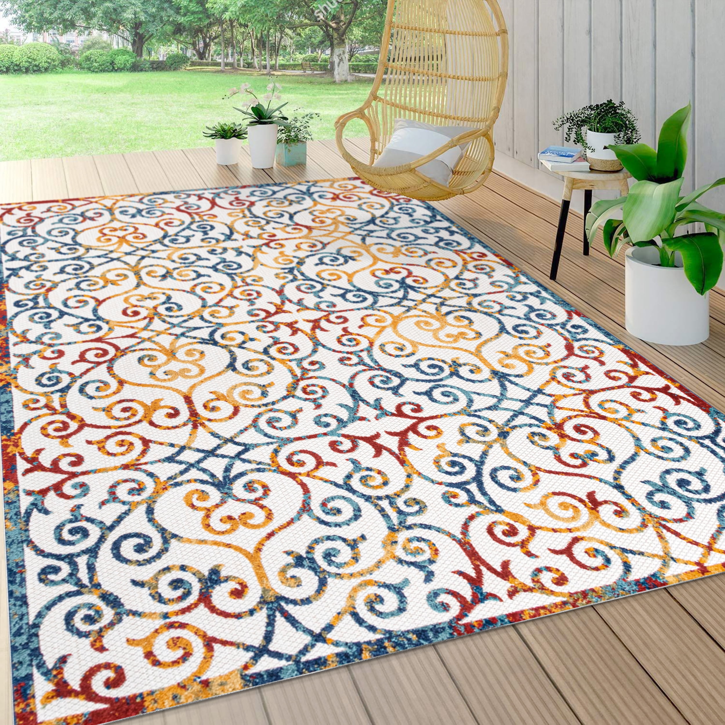 Mediterranean Trellis Blue Rectangular Washable Indoor/Outdoor Rug