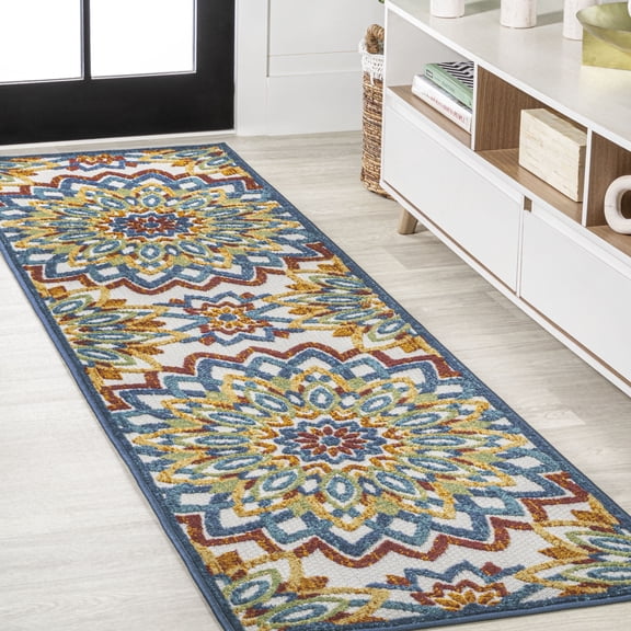 JONATHAN Y AMALFI COAST 2 x 8 Runner Rug, Flora Abstract Bold Mandala - Red/Blue/Yellow, AMC112A-28