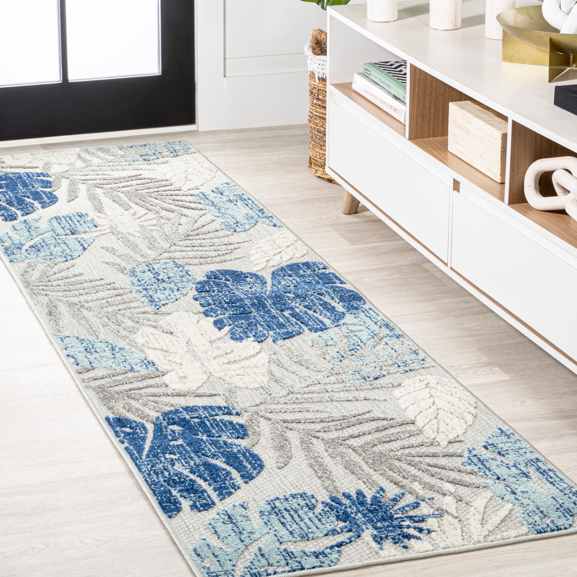 Light Gray and Navy Tropical Leaf Runner Rug, 2'-3" x 8', Synthetic
