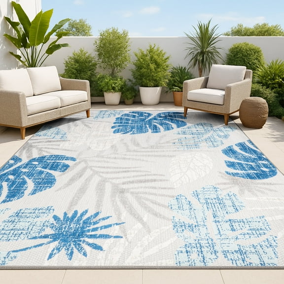 JONATHAN Y AMALFI COAST 3 x 5 Area Rug, Monstera Tropical Leaf - Light Gray/Navy, AMC113A-3