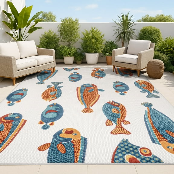 JONATHAN Y AMALFI COAST 5 x 8 Area Rug, Algarve Fish - Navy/Orange/Cream, AMC114A-5