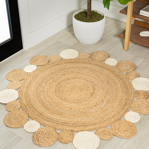 JONATHAN Y ANSA 5' Round Area Rug, Ayana Two-Tone Jute Hippy Circle - Natural/Cream, RNF107A-5R