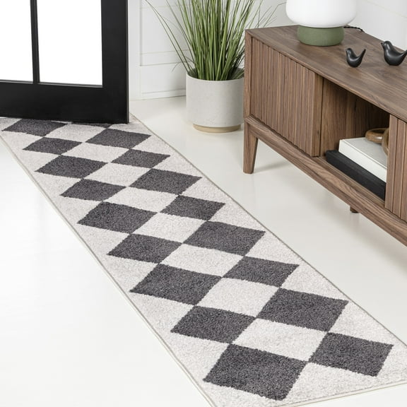 JONATHAN Y ATHENS 2 x 8 Runner Rug, Draper Geometric Diamond Pattern - White/Dark Gray, ATH100B-28
