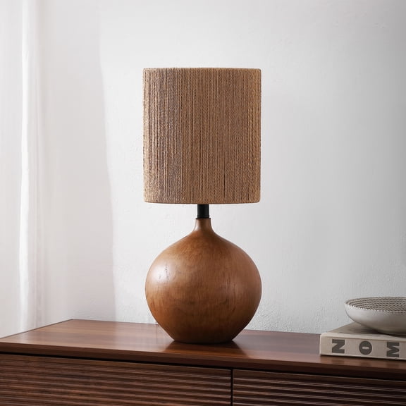 JONATHAN Y Abram 22.75" Rustic Bohemian Resin/Metal Round Table Lamp with Paper Rope Shade, Brown Finish