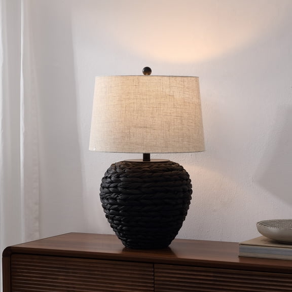 JONATHAN Y Alaro 24.5" Farmhouse Coastal Water Hyacinth Basket LED Table Lamp, Black