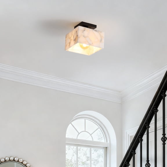 JONATHAN Y Alessia 8" 1-Light Modern Contemporary Alabaster/Iron Square LED Semi Flush Mount, White Marbling/Black