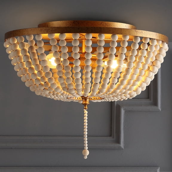 Open Box JONATHAN Y Allison 15" 3-Light Shabby Chic Farmhouse Wood Beaded/Metal LED Flush Mount, Antique Gold/Cream, JYL9019A