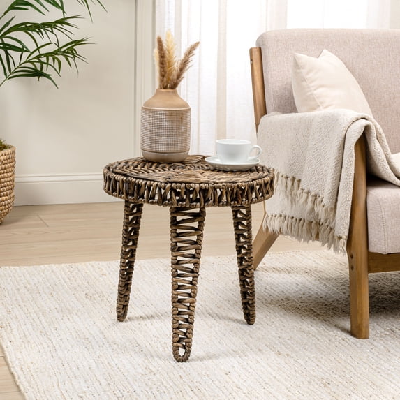 JONATHAN Y Amara 17" Coastal Bohemian Handwoven Water Hyacinth Round Tripod End Table, Brown, TBL2507B
