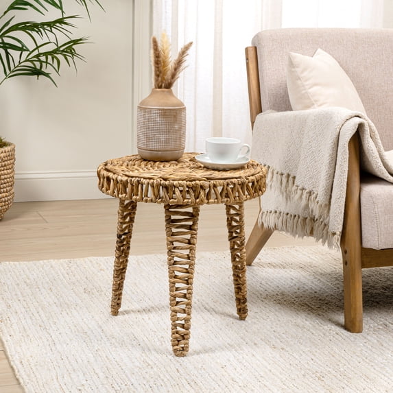 JONATHAN Y Amara 17" Coastal Bohemian Handwoven Water Hyacinth Round Tripod End Table, Natural, TBL2507A
