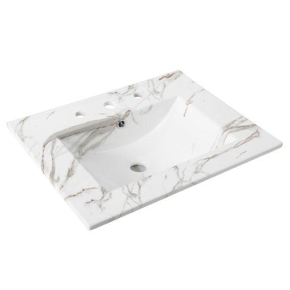 JONATHAN Y Ancillary 3-Hole 24 in. W x 18.25 in. D Classic Contemporary Rectangular Ceramic Single Sink Basin Vanity Top, White Marble Effect