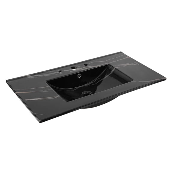 JONATHAN Y Ancillary 3-Hole 36 in. W x 18.25 in. D Classic Contemporary Rectangular Ceramic Single Sink Basin Vanity Top, Black Marble Effect