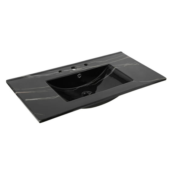 JONATHAN Y Ancillary 3-Hole 36 in. W x 18.25 in. D Classic Contemporary Rectangular Ceramic Single Sink Basin Vanity Top, Balck Marble Effect