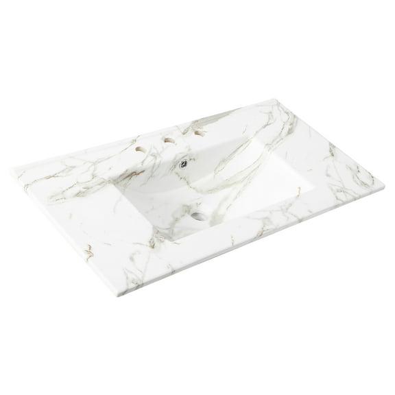 JONATHAN Y Ancillary 3-Hole 36 in. W x 18.25 in. D Classic Contemporary Rectangular Ceramic Single Sink Basin Vanity Top, White Marble Effect