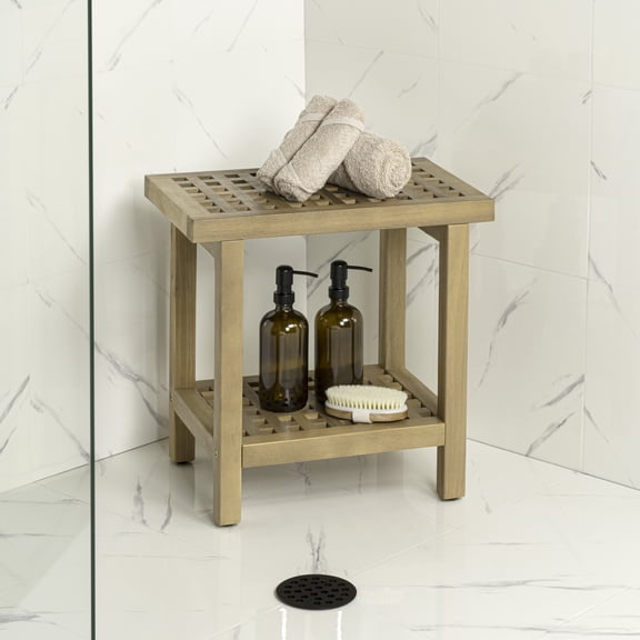 JONATHAN Y Armin 18" Acacia Wood Shower Stool with Storage Shelf, Waterproof Spa Bath Bench for Inside Shower to Sit on, Shaving Legs, Heavy Duty 350 lbs Capacity, Modern Light Teak Finish STL1003T