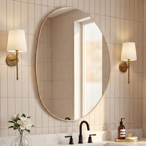 JONATHAN Y Aurelia 24 in. W x 36 in. H Medium Irregular Oval Metal Framed Wall Mounted Mirror, Gold, MIR213A